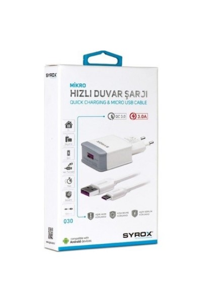 Syrox Q30 Micro usb Girişli 3.0 Amper Hızlı Şarj Aleti (Kablo + Başlık)