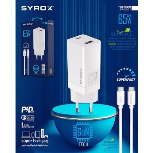 Syrox Gan65 Type C &usb Giriş Başlık & Type C Kablo 65w Şarj Set