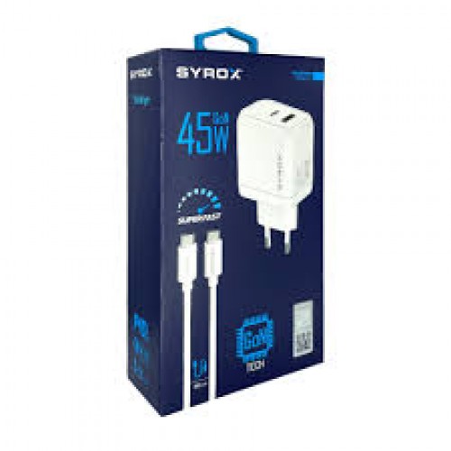 Syrox Gan45 Type C & Usb Giriş Başlık & Type C Kablo 45w Şarj Set